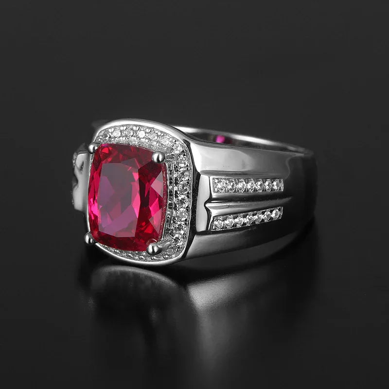 Cushion-Cut Ruby Textured Men's Ring — close-up of ruby setting