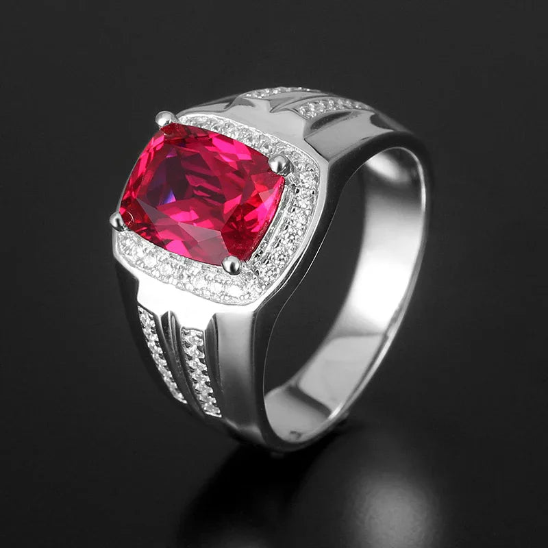 Cushion-Cut Ruby Textured Men's Ring — ring worn on hand