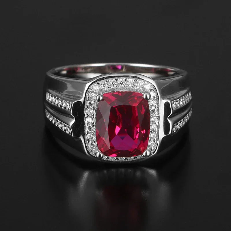 Cushion-Cut Ruby Textured Men's Ring — side profile of ring