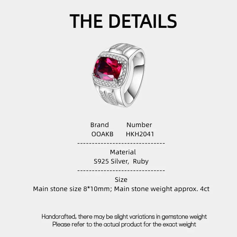 Cushion-Cut Ruby Textured Men's Ring — specification card with material and size details