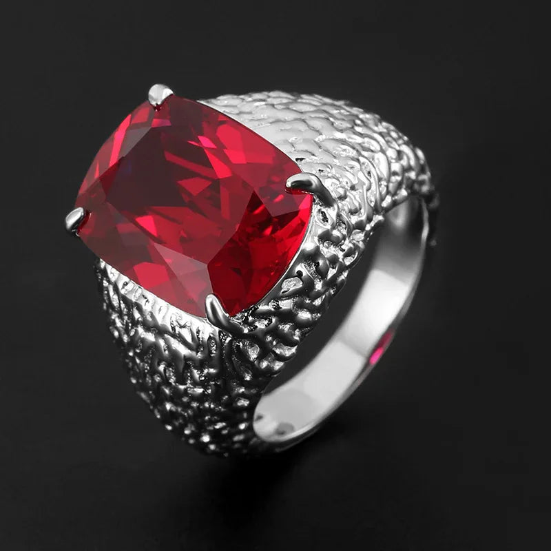 Cushion-Cut Ruby Textured Men's Ring with Wide Band — angled ring view