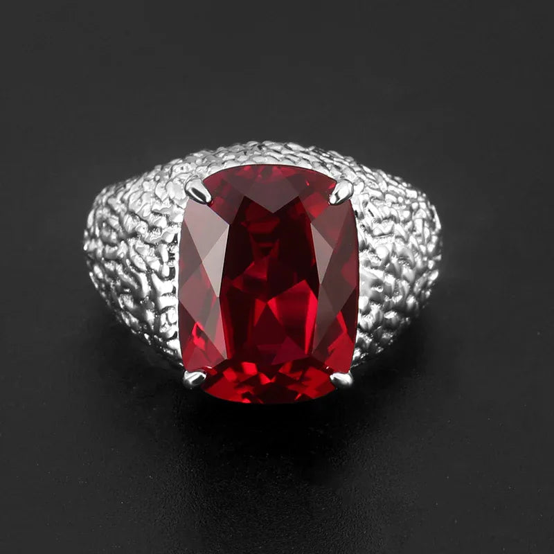 Cushion-Cut Ruby Textured Men's Ring with Wide Band — ring worn on hand