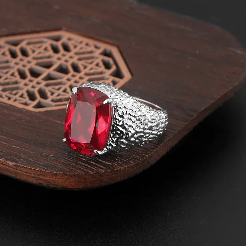 Cushion-Cut Ruby Textured Men's Ring with Wide Band — side profile of ring