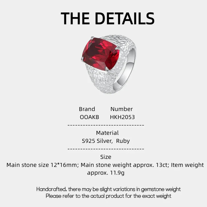 Cushion-Cut Ruby Textured Men's Ring with Wide Band — specification card with material and size details