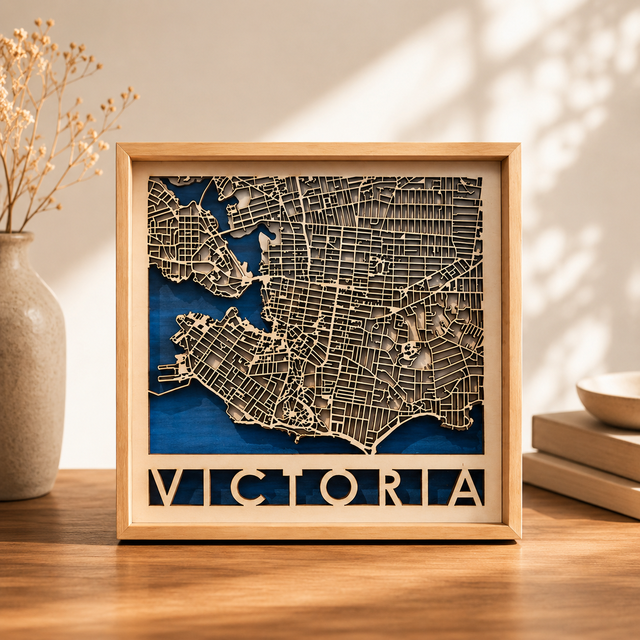 Custom 3D Wooden City Map Wall Art, styled product scene with anniversary-themed props