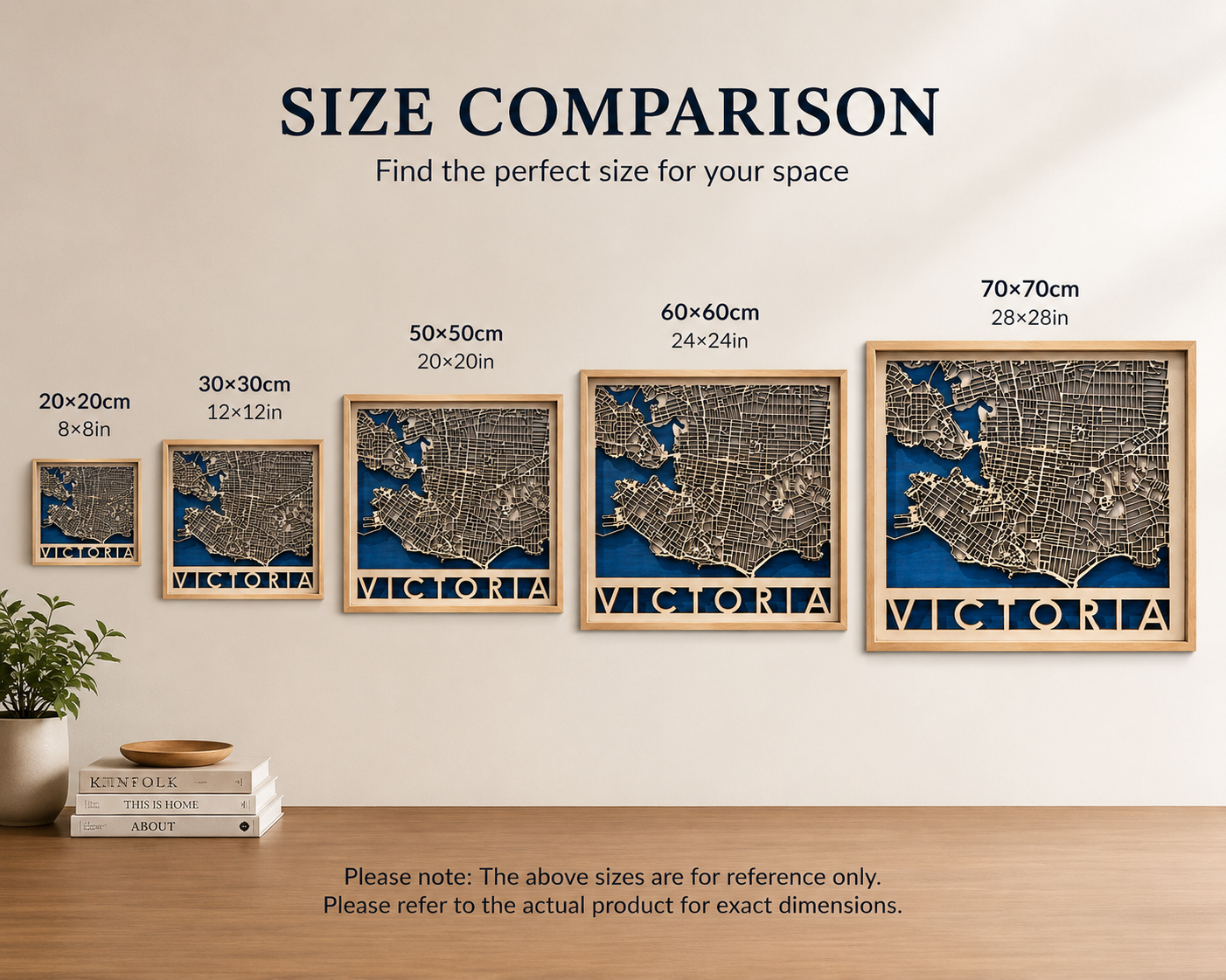 Custom 3D Wooden City Map Wall Art, size or variant comparison infographic