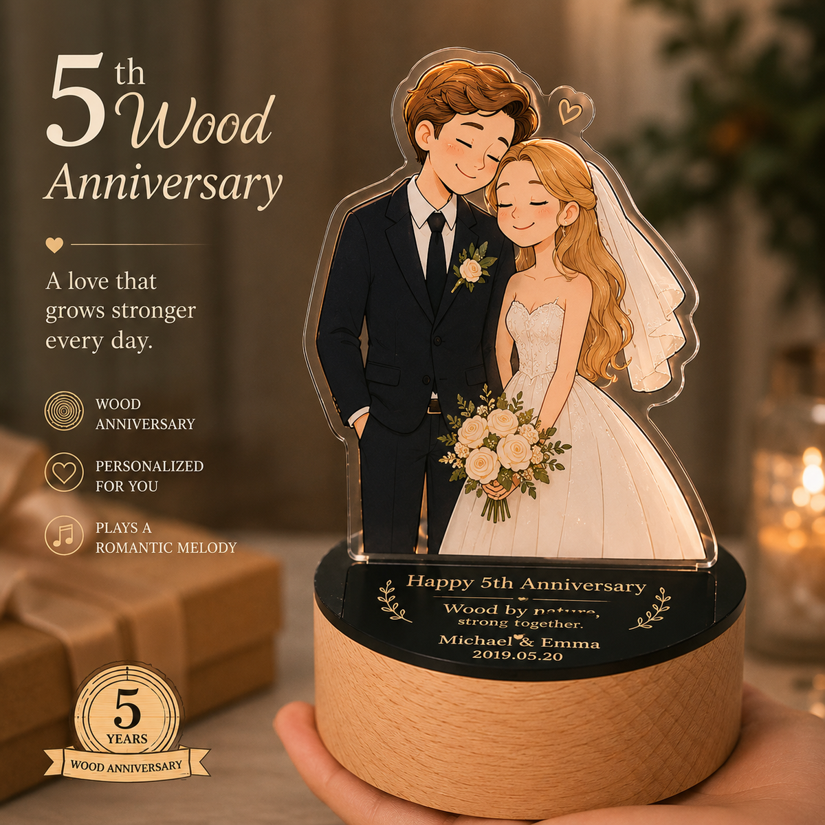 Custom Couple Portrait Music Box from Photo, styled product scene with anniversary-themed props