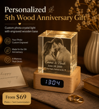 Custom Crystal Clock Night Light – Personalized Photo & Text Wood Anniversary Gift, styled product scene with...
