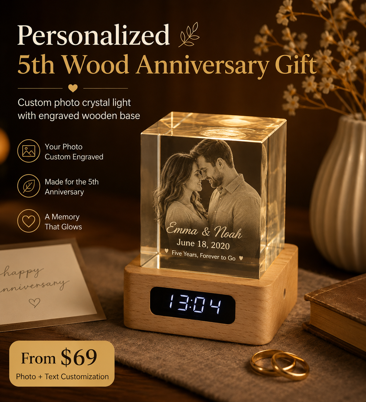 Custom Crystal Clock Night Light – Personalized Photo & Text Wood Anniversary Gift, styled product scene with...