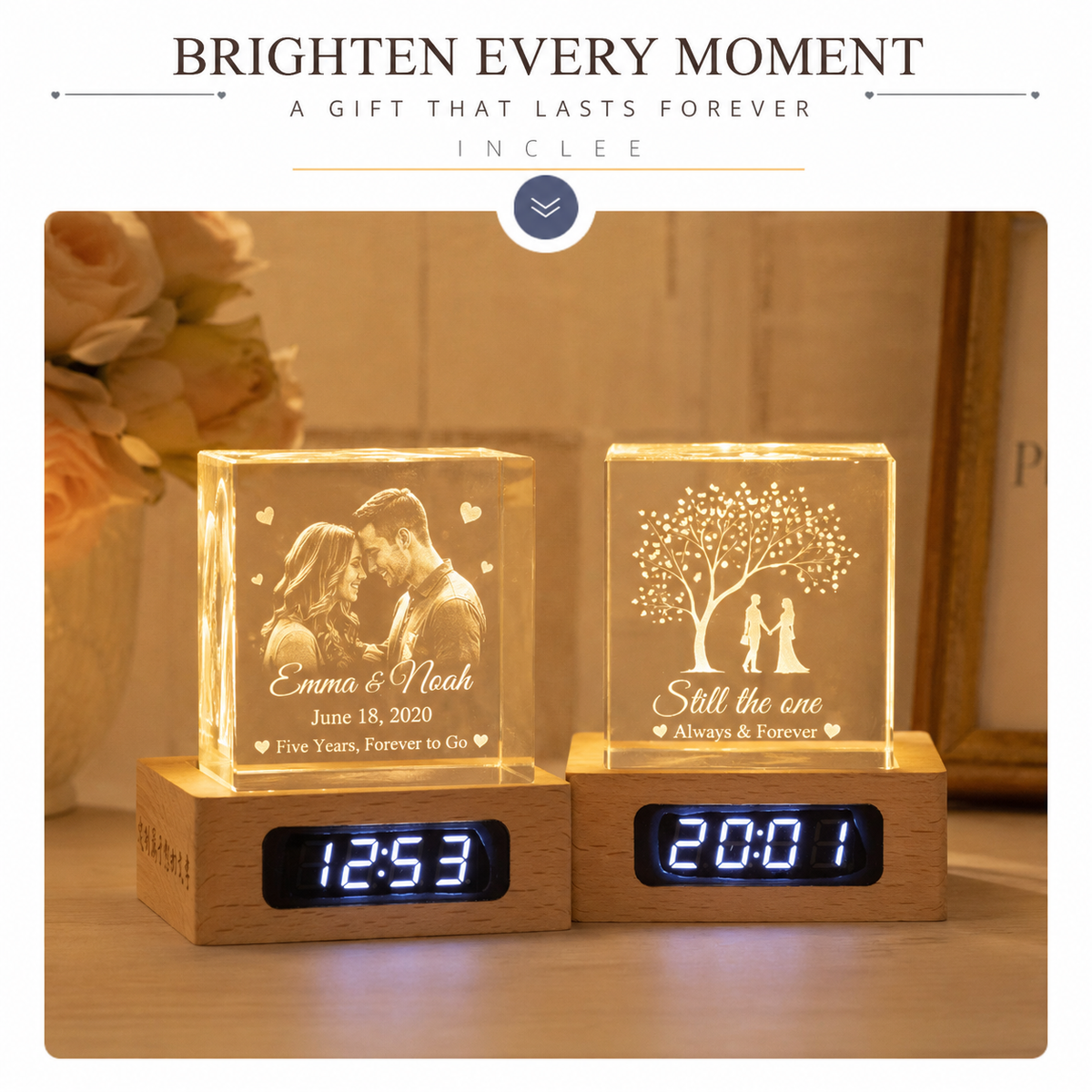 Custom Crystal Clock Night Light – Personalized Photo & Text Wood Anniversary Gift, available color or style options