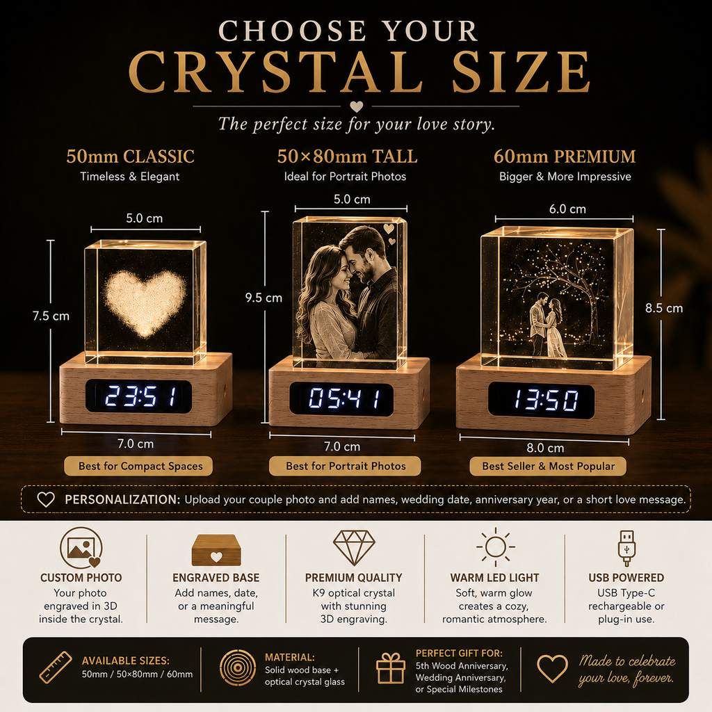 Custom Crystal Clock Night Light – Personalized Photo & Text Wood Anniversary Gift, size or variant comparison infographic