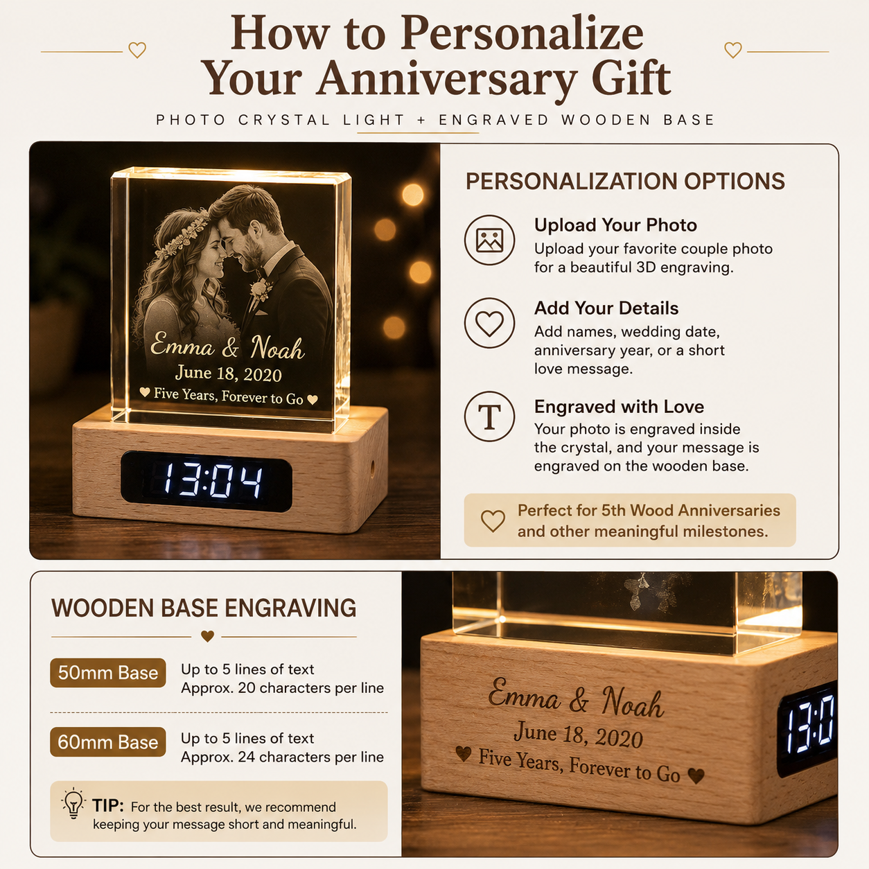 Custom Crystal Clock Night Light – Personalized Photo & Text Wood Anniversary Gift, customization or crafting process...