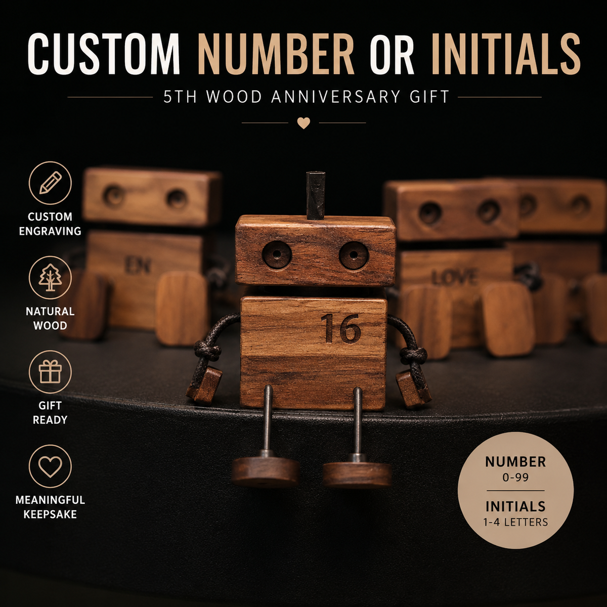 Custom Number Walnut Wood Robot Car Diffuser – Personalized Lucky Number Dashboard Ornament, styled product scene with...