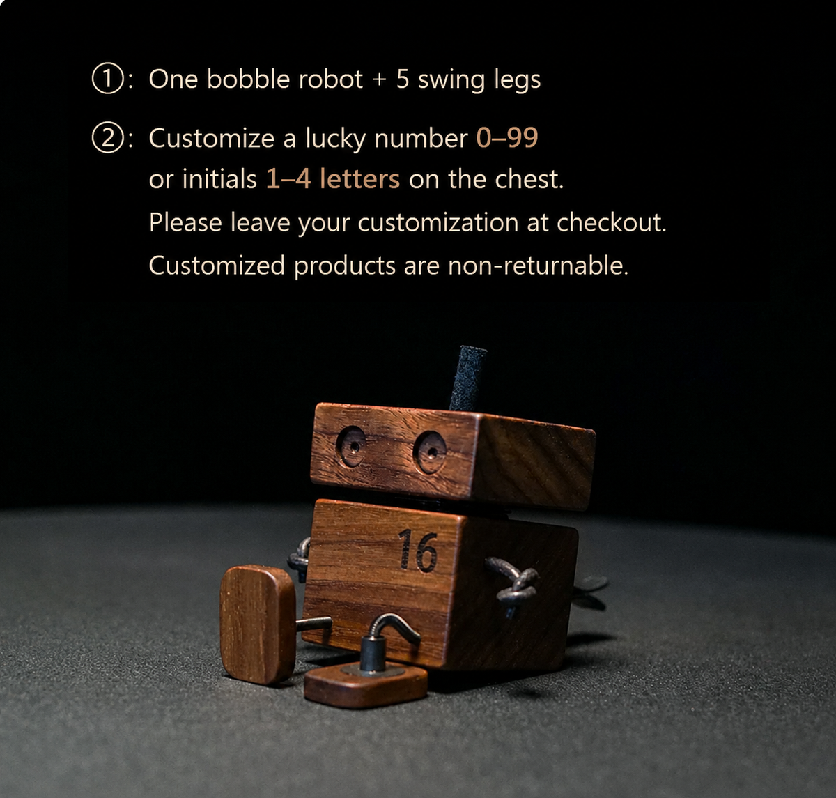 Custom Number Walnut Wood Robot Car Diffuser – Personalized Lucky Number Dashboard Ornament, detail infographic showing...
