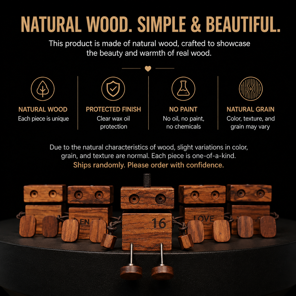 Custom Number Walnut Wood Robot Car Diffuser – Personalized Lucky Number Dashboard Ornament, detail infographic showing...