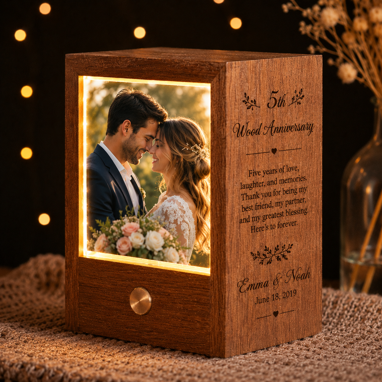 Custom Photo Crystal Night Light – Personalized Wood Anniversary Gift with Photo & Text, styled product scene with...