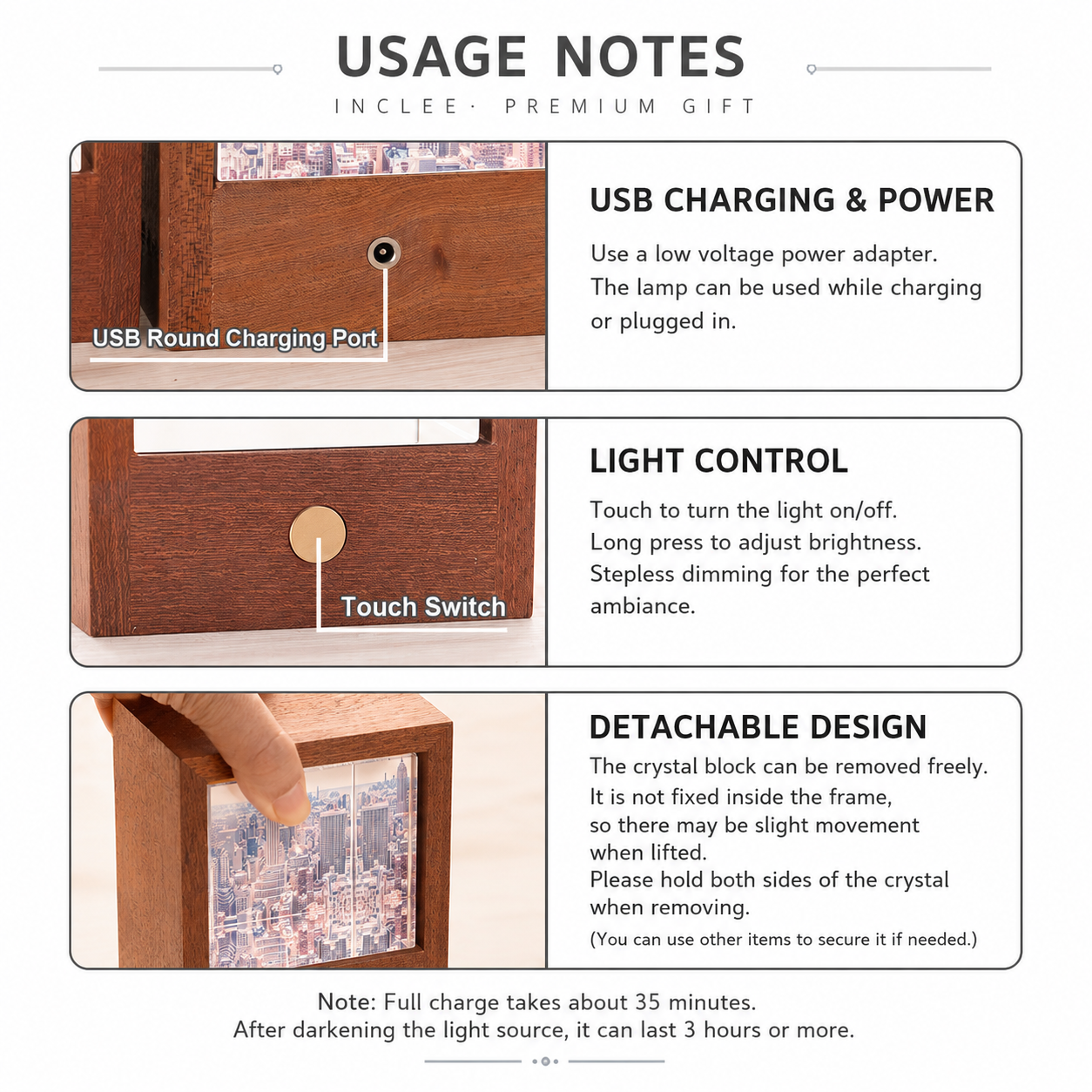 Custom Photo Crystal Night Light – Personalized Wood Anniversary Gift with Photo & Text, detail infographic showing...
