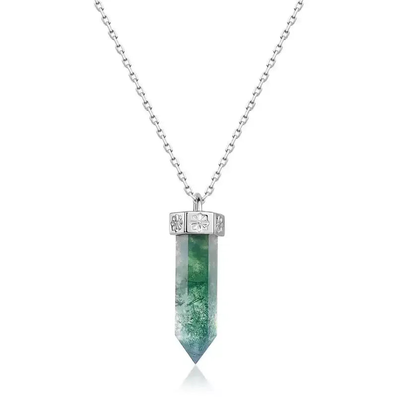 Cylindrical Moss Agate Pendant Necklace — angled pendant and chain detail 4