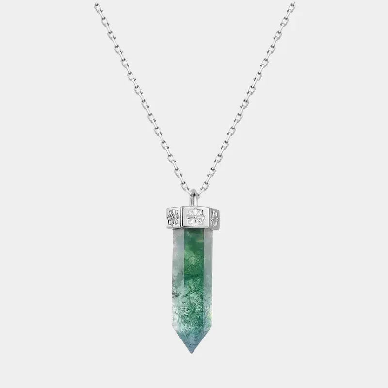 Cylindrical Moss Agate Pendant Necklace — full necklace view on a light background