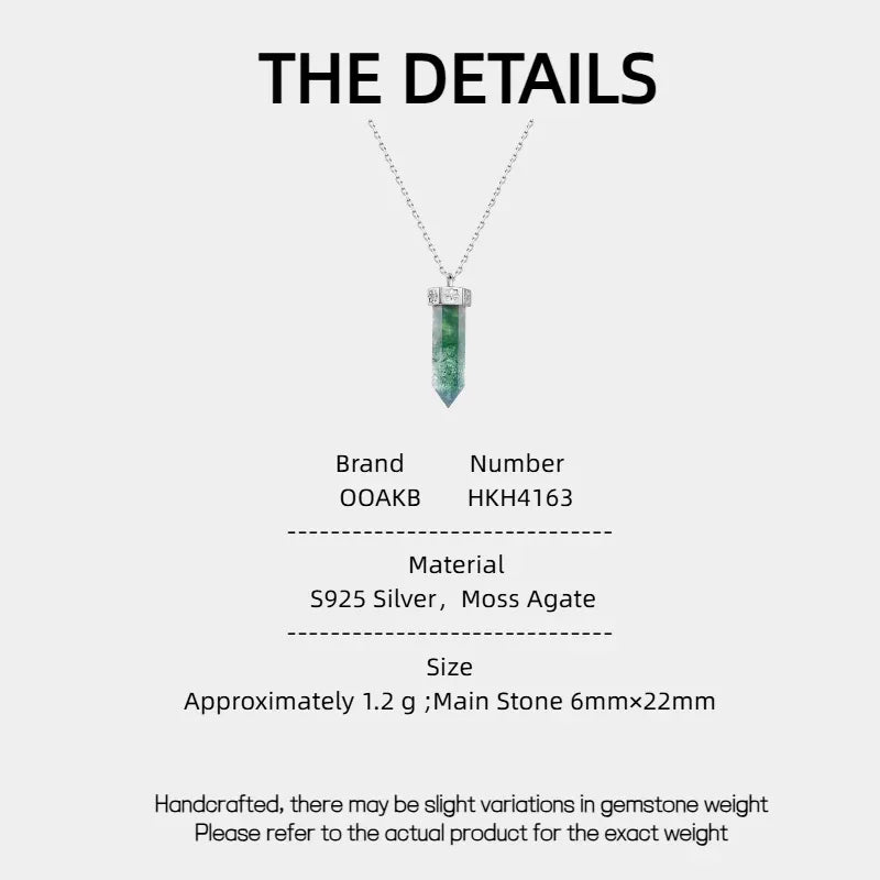 Cylindrical Moss Agate Pendant Necklace — Moss Agate specification card with material and measurements
