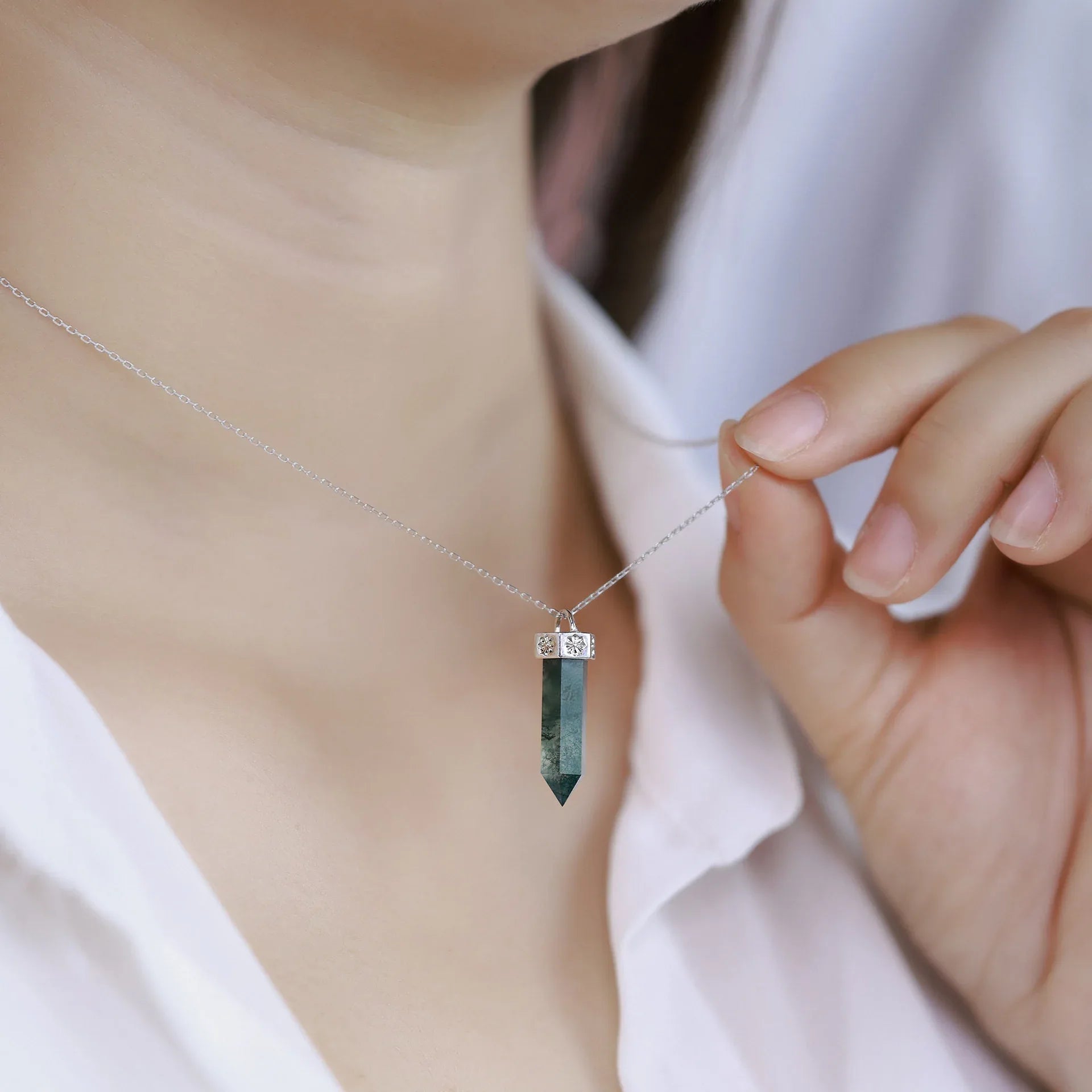 Cylindrical Moss Agate Pendant Necklace — neckline scale view 2