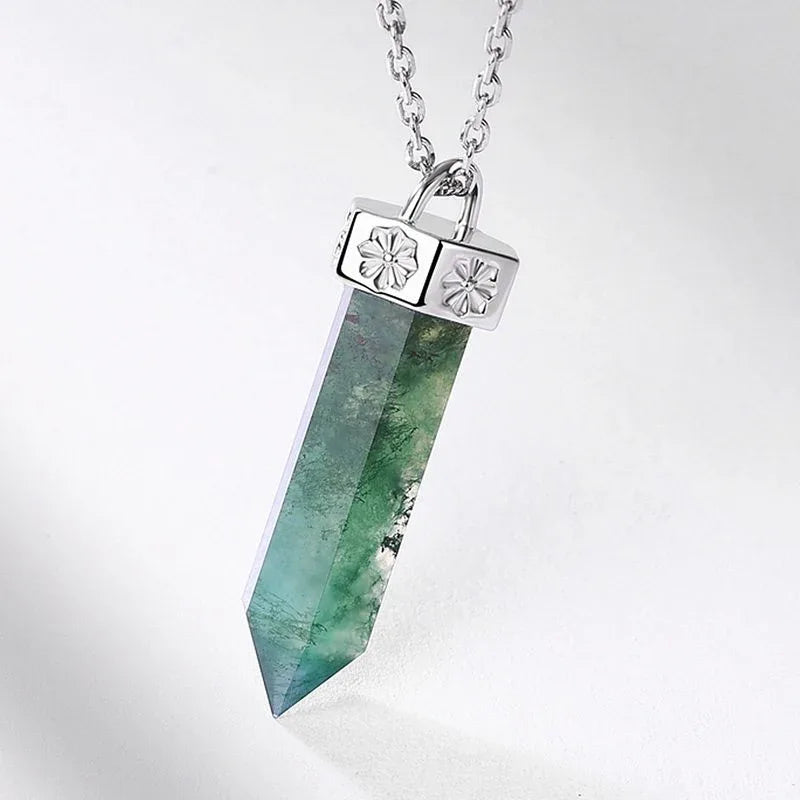 Cylindrical Moss Agate Pendant Necklace — pendant close-up 3