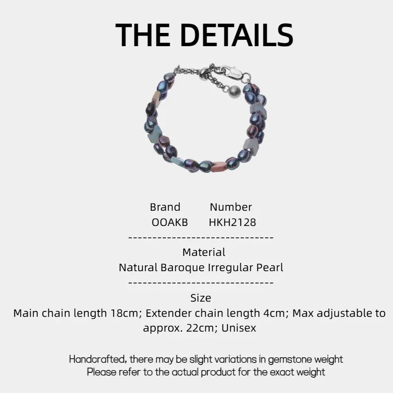 Dark Baroque Pearl Double-Strand Bracelet — specification card with material and size details