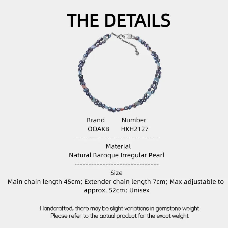 Dark Baroque Pearl Double-Strand Necklace — specification card with material and size details