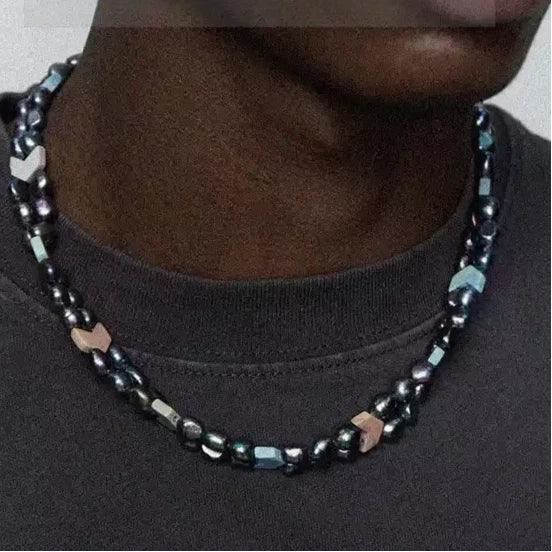 Dark Baroque Pearl Double-Strand Necklace — front neckline-worn close-up over a dark shirt