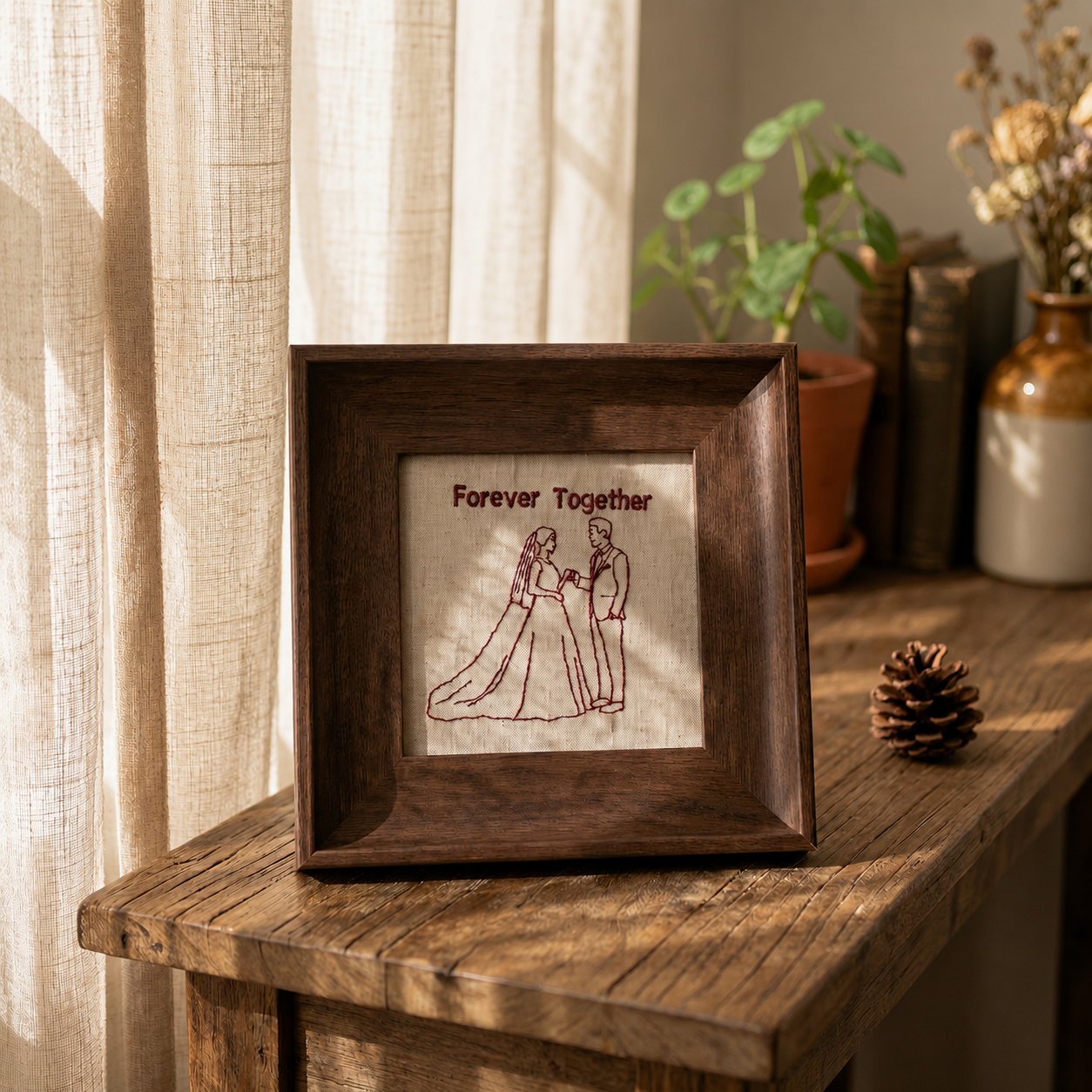 Forever Together · Embroidered Wedding Portrait in Walnut Shadow Box