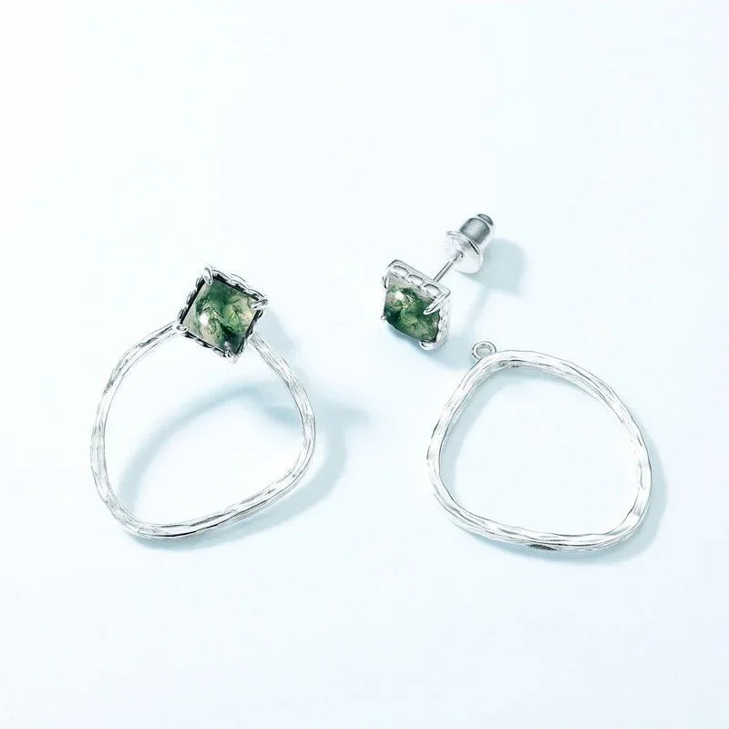 Detachable Two-Way Moss Agate Earrings — front setting detail 3