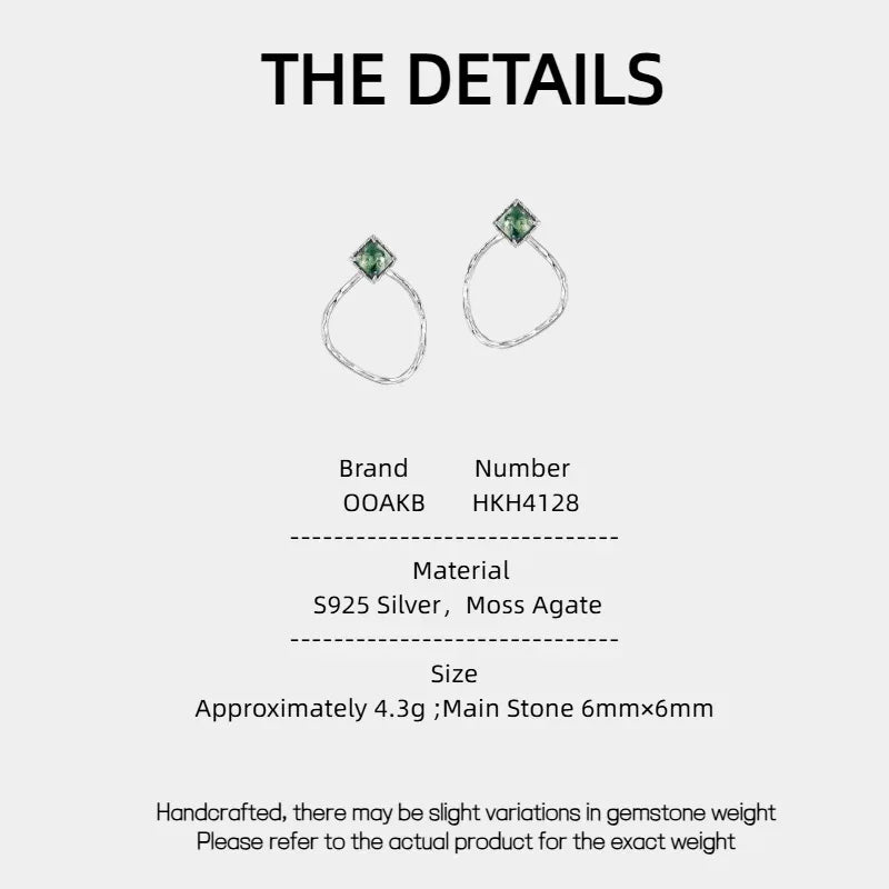 Detachable Two-Way Moss Agate Earrings — Moss Agate specification card with material and measurements