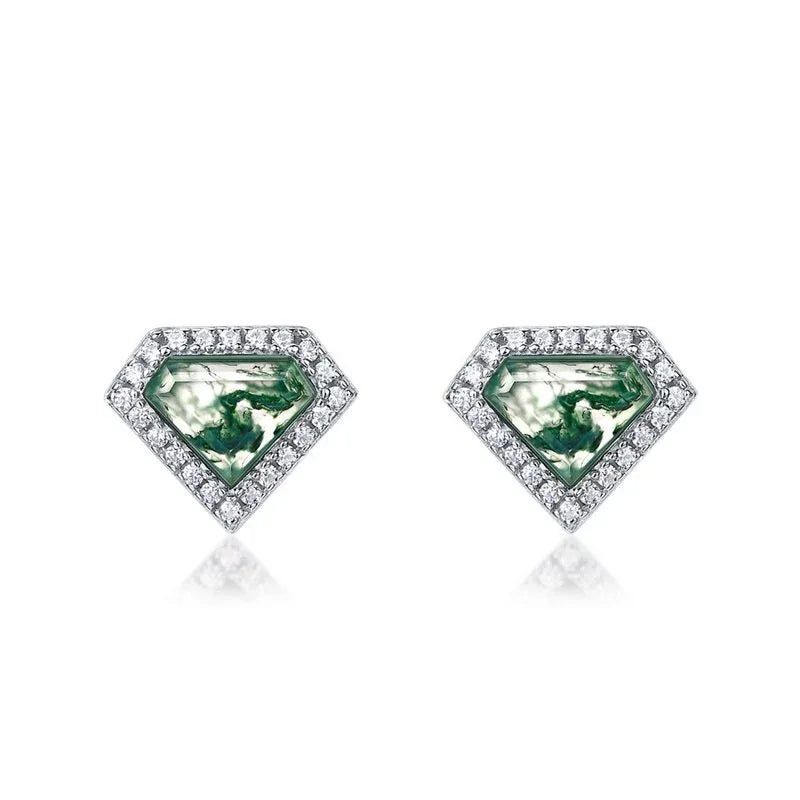 Diamond-shaped Inlaid Moss Agate Earrings — angled product view 5