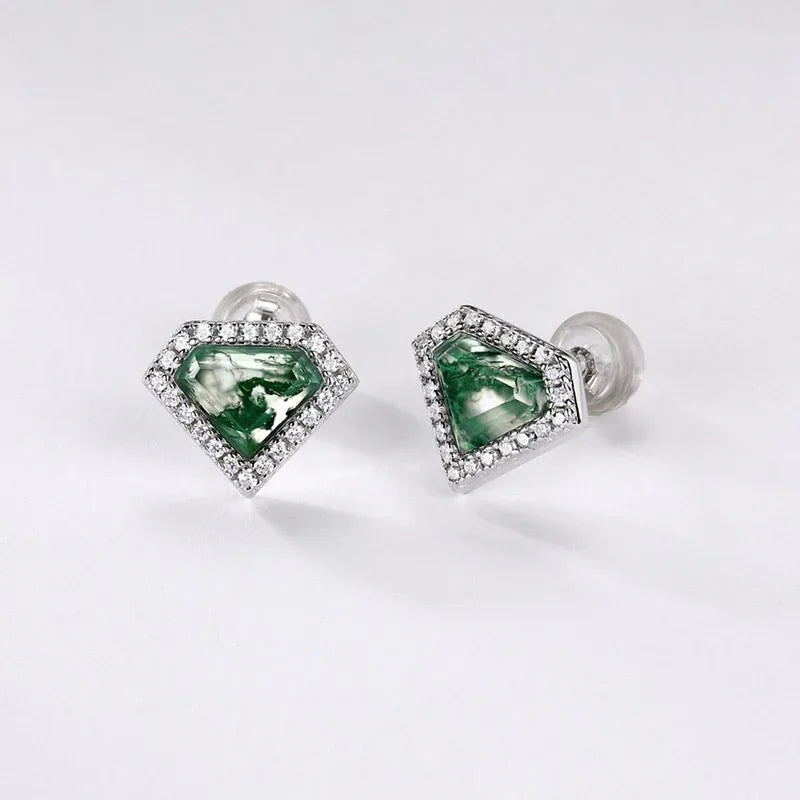 Diamond-shaped Inlaid Moss Agate Earrings — front setting detail 3