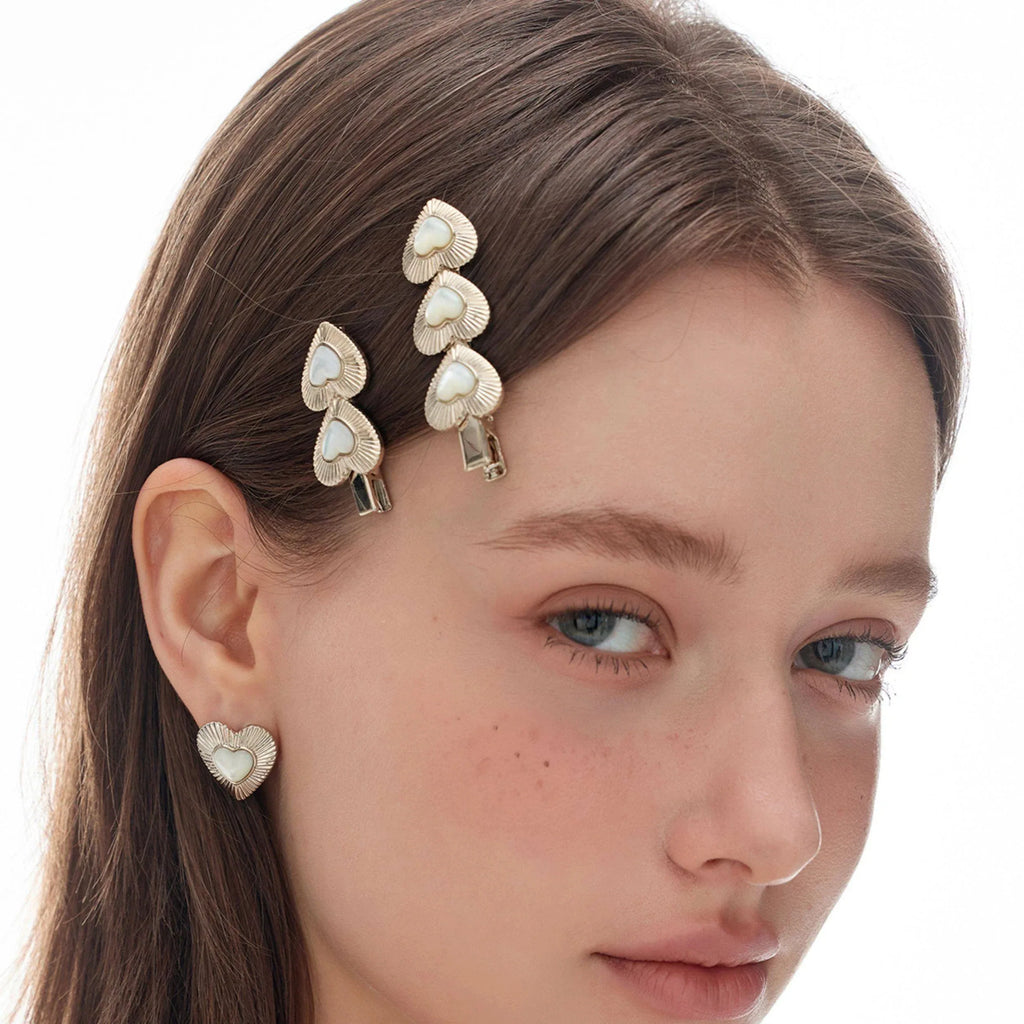 Double Pearl Heart Hair Clip — alternate hair-worn side view