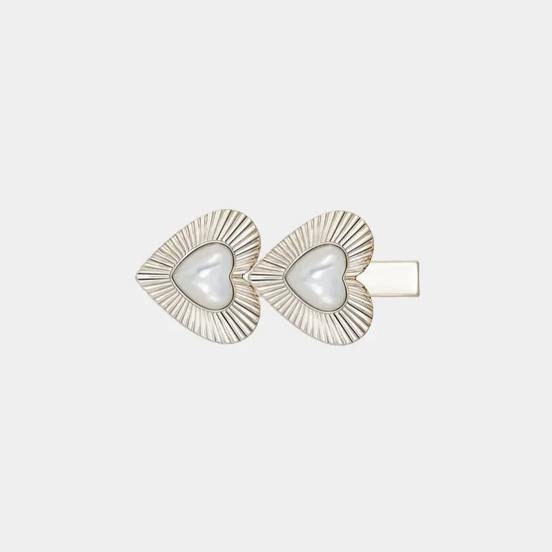 Double Pearl Heart Hair Clip — front view of barrette with two ridged pearl hearts