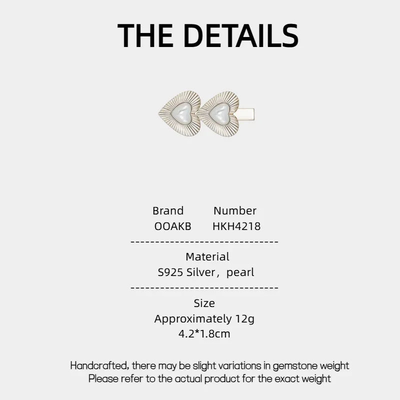 Double Pearl Heart Hair Clip — specification card with material and size details
