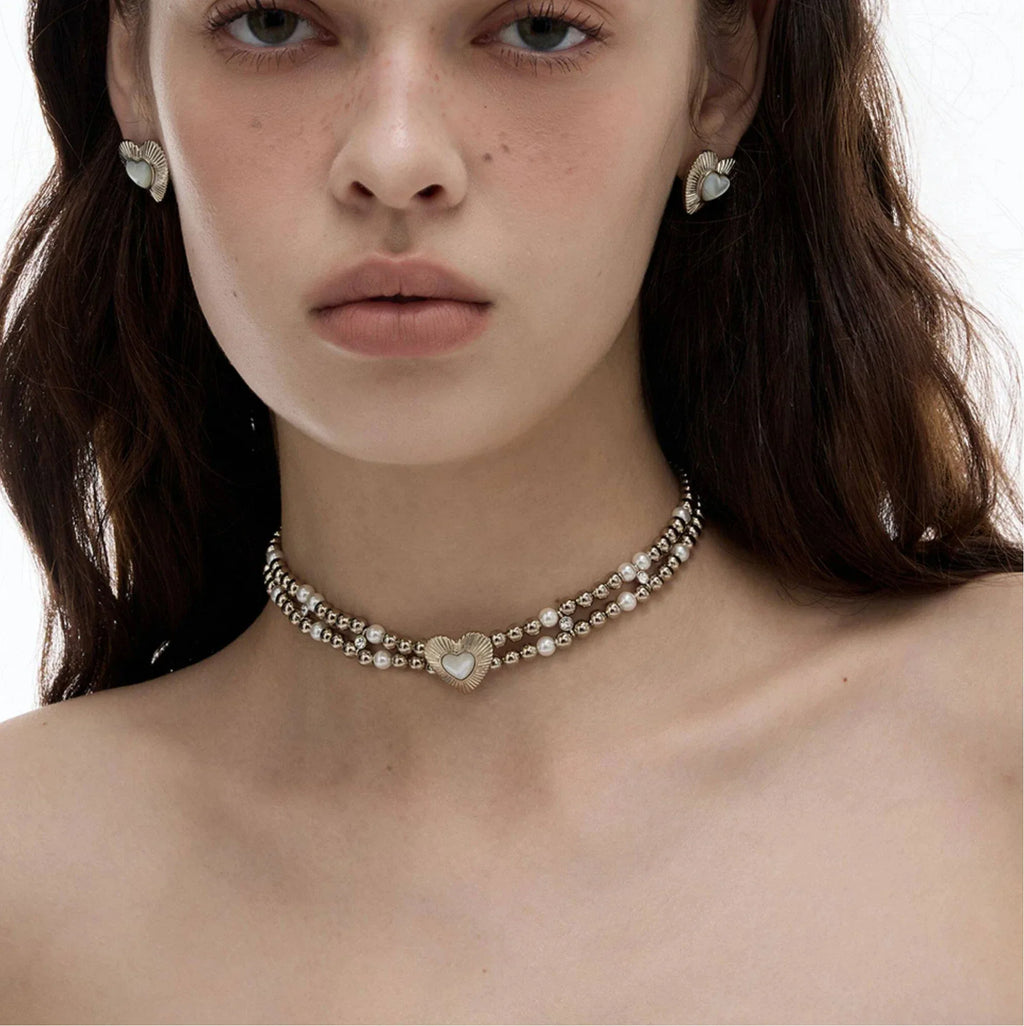 Double-Strand Silver Bead Choker with Pearl Heart — front model portrait wearing the choker