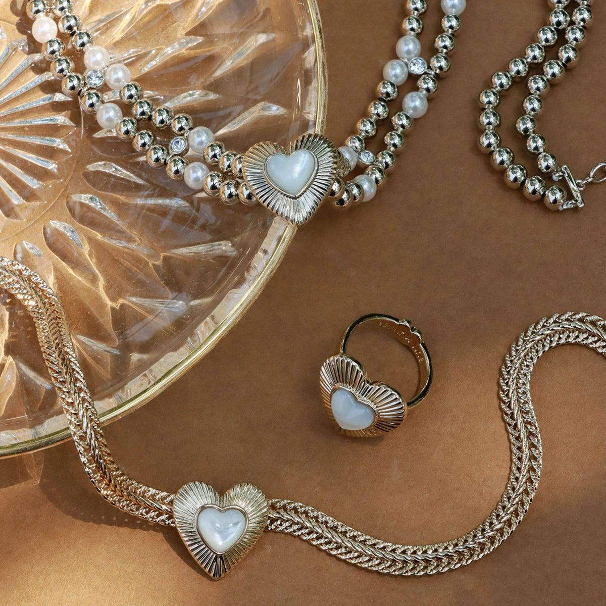 Double-Strand Silver Bead Choker with Pearl Heart — coordinated jewelry flat lay with necklace and ring
