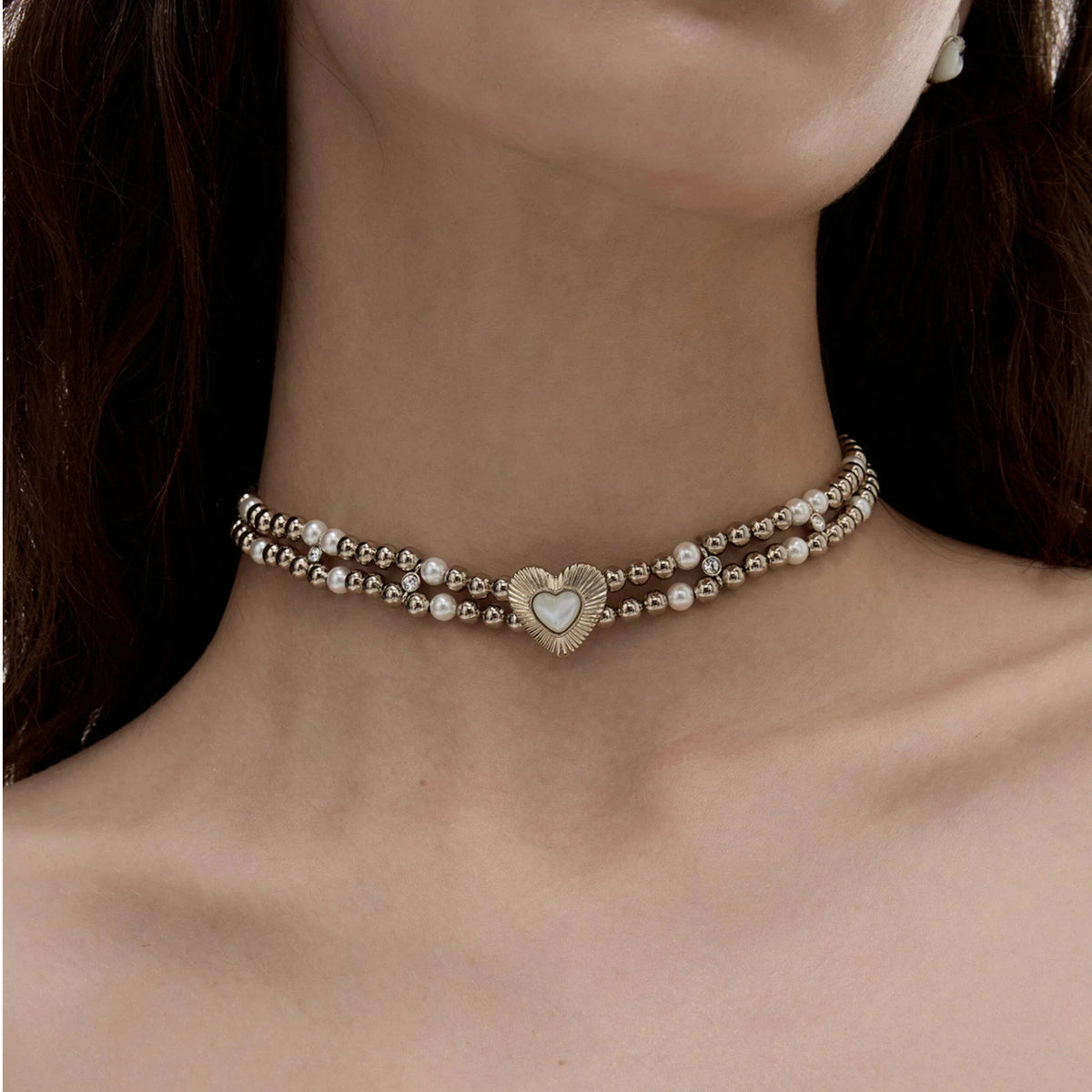 Double-Strand Silver Bead Choker with Pearl Heart — alternate neckline-worn view with the heart centered