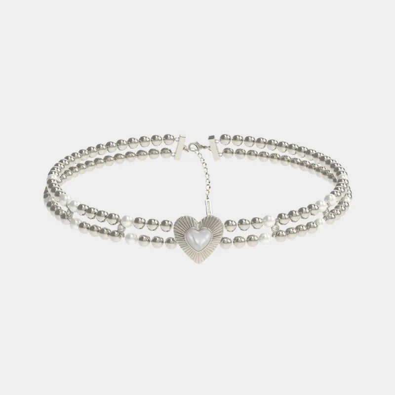 Double-Strand Silver Bead Choker with Pearl Heart — front view of two-strand silver bead choker with a pearl heart center