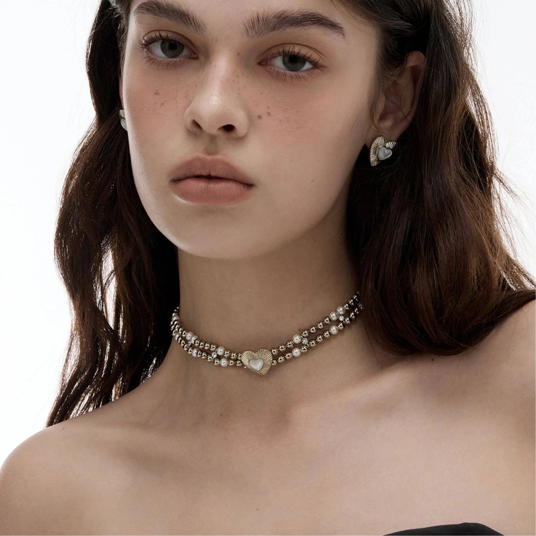 Double-Strand Silver Bead Choker with Pearl Heart — alternate model portrait
