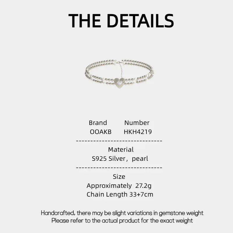 Double-Strand Silver Bead Choker with Pearl Heart — specification card with material and size details