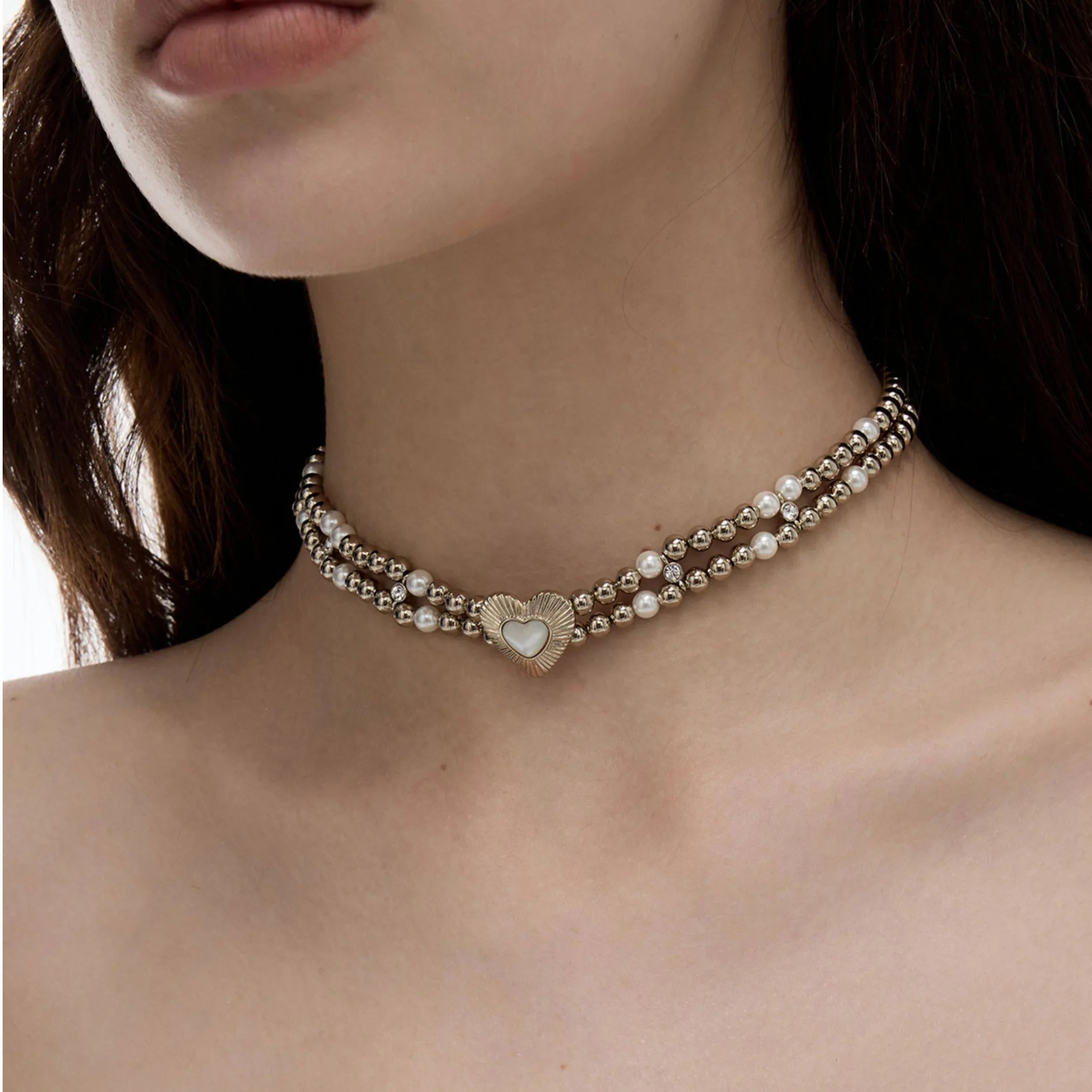 Double-Strand Silver Bead Choker with Pearl Heart — front neckline-worn close-up showing the close collar fit