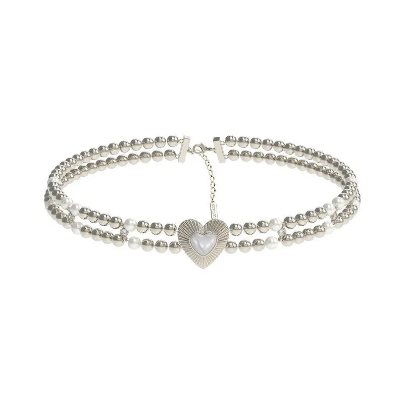 Double-Strand Silver Bead Choker with Pearl Heart — alternate isolated full choker view