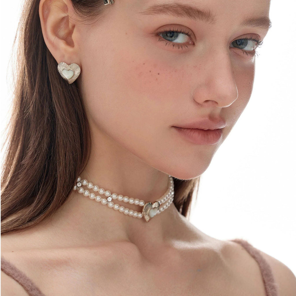 Double-Strand Pearl Heart Choker — side neckline-worn view showing the two pearl rows