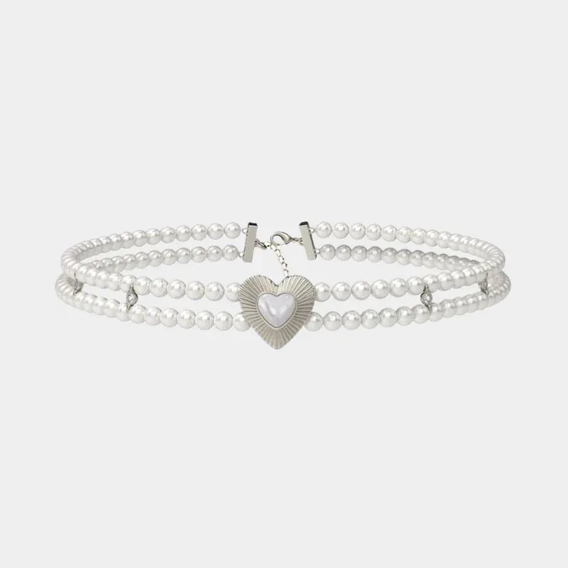 Double-Strand Pearl Heart Choker — front view of two-strand pearl choker with a central heart