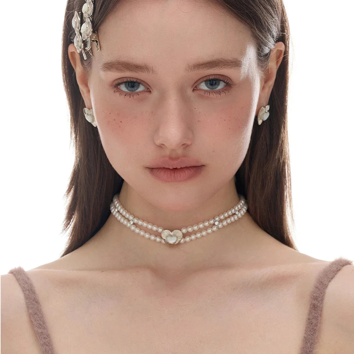 Double-Strand Pearl Heart Choker — front model portrait showing the close collar fit