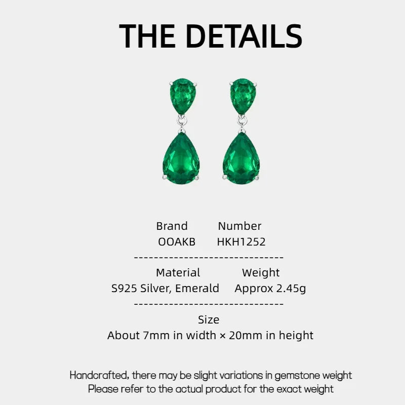 Double Pear-Cut Emerald Drop Earrings specification card with product measurements