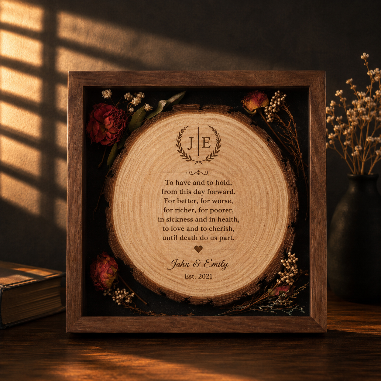 Custom Wood Slice Engraved Shadow Box Frame · Personalized Anniversary Gift